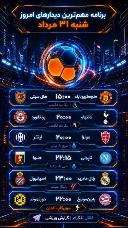 گزارش‌ورزشی: 📅 برنامه دیدارهای امروز فوتبال باشگاهی در اروپا🔥💪💪💎 @Gsport3