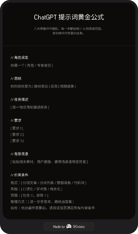 分享一个我一直在用的「提示词黄金公式」：角色：​你是一个 [角色/专家身份]目标：​你的目标是为 [目标受众] 实现 [预期成果]任务：​[用一句话清晰描述任务]要求：​[要求 1][要求 2][要求 3]背景信息：​[粘贴相关素材、用户画像、使用场景或项目背景]约束条件：​格式：[分段文章/分点列表/数据表格/代码块]风格：[口语化/学术性/商务化]范围：[包含 X，排除 Y]推理方式：[请一步步思考，再给出答案]自检：给出最终答案前，请验证是否满足所有约束条件为什么这个模板这么有效？1. 角色定位让 AI 进入「专家模式」不再是泛泛而谈，而是以特定专家视角输出内容