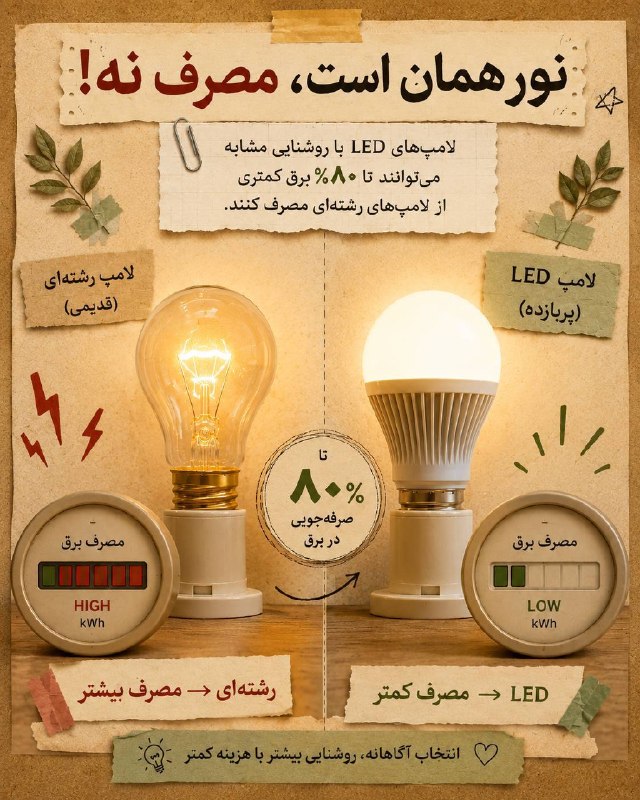 اخبار قزوین: ♦️نور همان است، اما میزان مصرف می‌تواند خیلی فرق کند💡🔹با جایگزین‌کردن لامپ‌های رشته‌ای با LED می‌توان تا حدود ۸۰ درصد مص