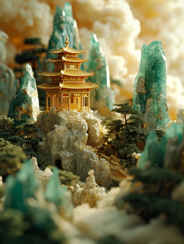 🧪Midjourney V6 每天都能给我新惊喜，一个玉石雕刻的国风场景，由于细节很丰富，看起来真的像工艺品