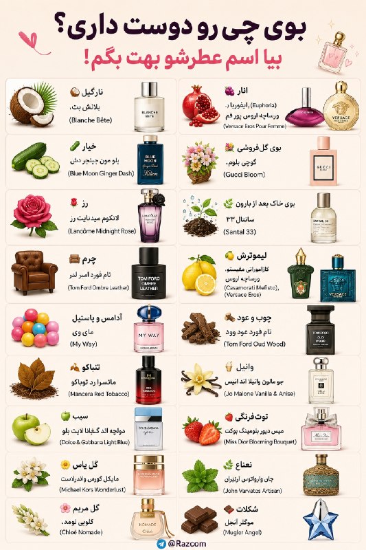 سیروان نوین: بوی چی رو دوست داری؟ بیا اسم عطرشو بهت بگم!🥥 نارگیل → بلانش بت (Blanche Bête)🍇 انار → ایفوریا (Euphoria)، ورساچه اروس پو