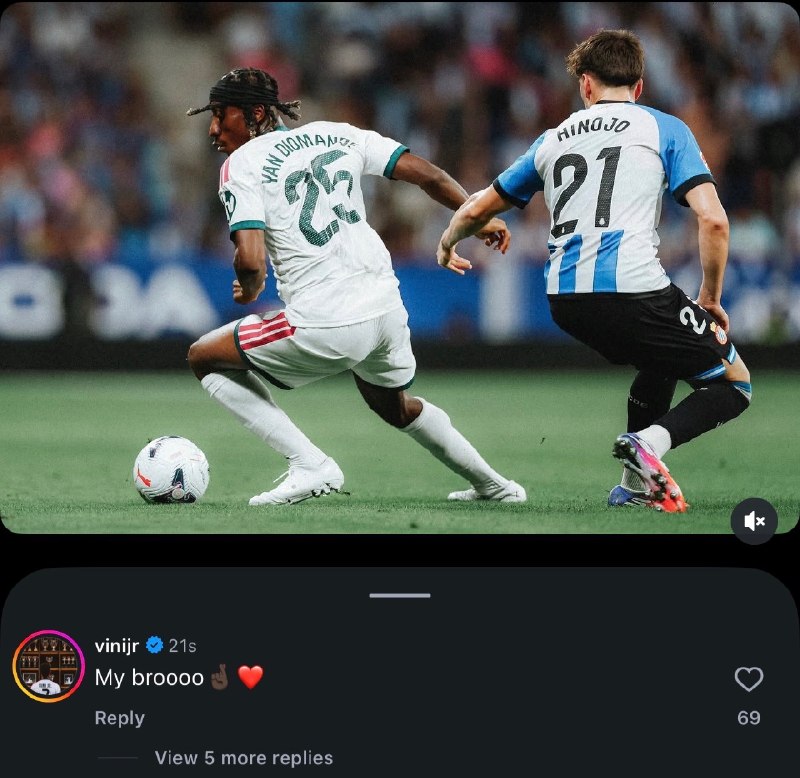 رئال مادرید توییت | Real Madrid Tweet: کامنت وینیسیوس جونیور زیر پست یان دیوماندِه توی اینستاگرام : داداشم🤍@Real_Madrid_Tweets