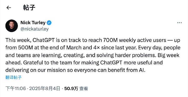 ⛰️ 新世界的里程碑：ChatGPT 即将达到7亿周活Open AI 副总裁 Nick Turley 宣布，本周ChatGPT 即将迎来7亿周活的惊人成就