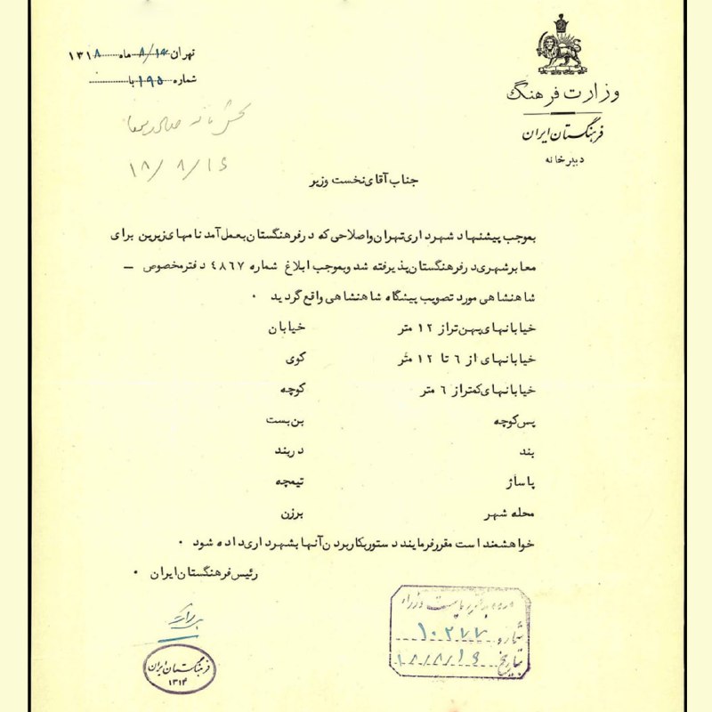 کتابخانه مرکزی دانشگاه تهران: 📜بخشنامه به شهرداری برای به‌کارگیری واژه‌های مصوب #فرهنگستان_ایران (۱۳۱۴-۱۳۲۰)، ۱۶ آبان‌ماه ۱۳۱۸#سند#واژه#گروه_واژه_گزین