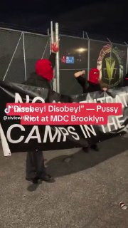חברי פרויקט Pussy Riot Freak מוחים מול מרכז המעצר לפני משפט ברוקלין נגד פעולות רשויות ההגירה של טראמפ. הדגל…