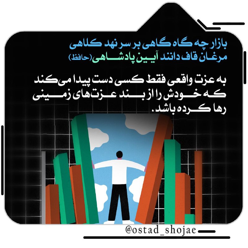 آسمانی ، ملکوتی ، روحانی ، شهدایی ، داستانی ، عرفانی، مذهبی ، انقلابی، قرآنی ، خانوادگی ، خدایی، معن: #انسان_شناسی۳۴۴باز ار چه گاه گاهی بر سر نهد کلاهیمرغان قاف دانند آیین پادشاهی(حافظ) ✘ به عزت واقعی فقط کسی دست پیدا می‌ک