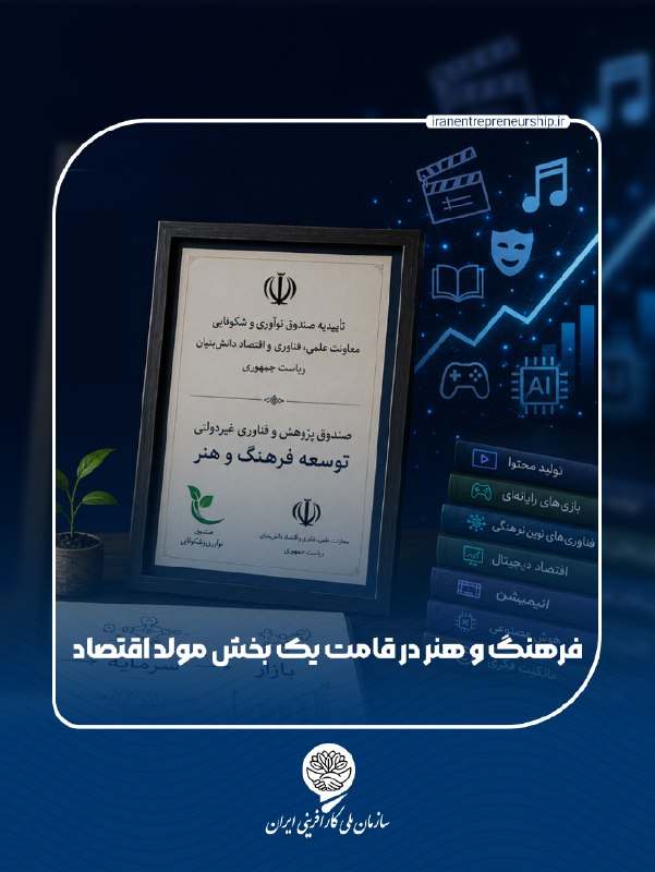 سازمان ملى كارآفرينى ايران: صندوق پژوهش و فناوری غیردولتی توسعه فرهنگ و هنر با هدف تأمین مالی، سرمایهگذاری و تجاریسازی کسبوکارهای فرهنگی، هنری و