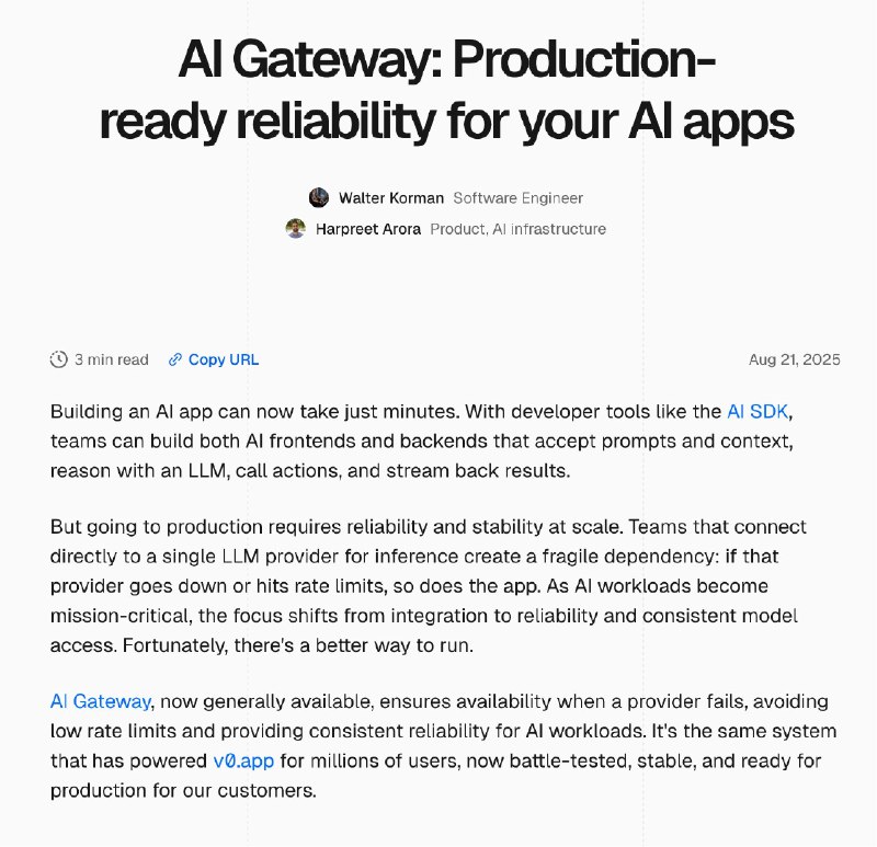 Vercel 也开始做 AI 模型的 API 业务了AI Gateway 通过统一 API 接入，支持数百种模型和多家服务商，自动处理鉴权、限流、故障切换、用量追踪和账单，无需开发者手动管理各家 API Key 或切换服务商