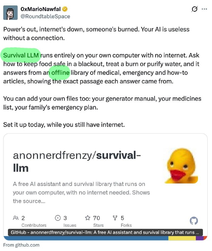 בעלי מלאכה יצרו AI במקרה של אפוקליפסה. Survival LLM עובד ללא האינטרנט - והוא מכיל את כל הפריצות לחיי הישרדו…