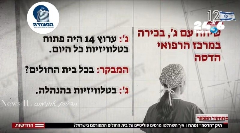 🇮🇱 מביך. כתב התחקירים של ערוץ 12 יוסי מזרחי מדווח בדרמטיות בתחקיר מיוחד כי בהנהלת בית החולים ״הדסה״ נתפסו…