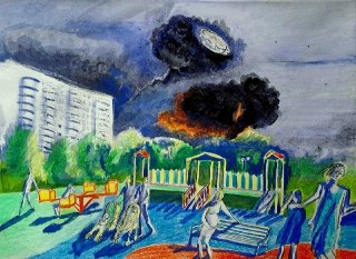 🖼 Детская площадка московской Капотни, 18 июня 2026 года. Акрил и восковые мелки.Рисунок: Сергей Дневальный, для «Новой газеты».(i) Разрешено к распространению на территории РФ.