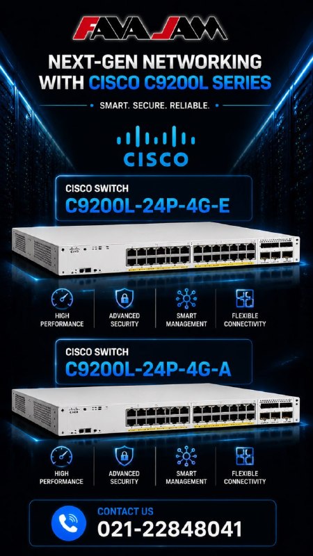 favajam | فاواجم: 🚀 Next-Gen Networking with Cisco C9200L Series 🔵قدرت، امنیت و مدیریت هوشمند در یک پلتفرم حرفهای شبکه 🌐🔹 Cisco Switch C9