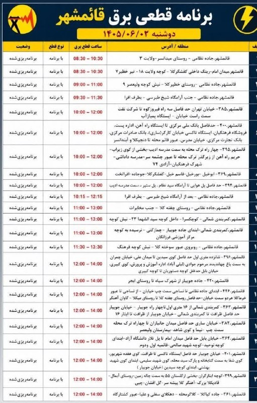 🚩 کانال تلگرام قائمشهر🚩: ❌جدول خاموشی برق دوشنبه ۲ شهریورماه در قائمشهر❌جدول خاموشی برق دوشنبه ۲ شهریورماه در قائمشهر