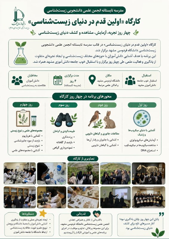 پایگاه اطلاع رسانی مدیریت فرهنگی و فعالیتهای داوطلبانه دانشگاه فردوسی مشهد: 🧬 برگزاری کارگاه «اولین قدم در دنیای زیستشناسی»کارگاه «اولین قدم در دنیای زیستشناسی» در قالب مدرسه تابستانه انجمن علمی