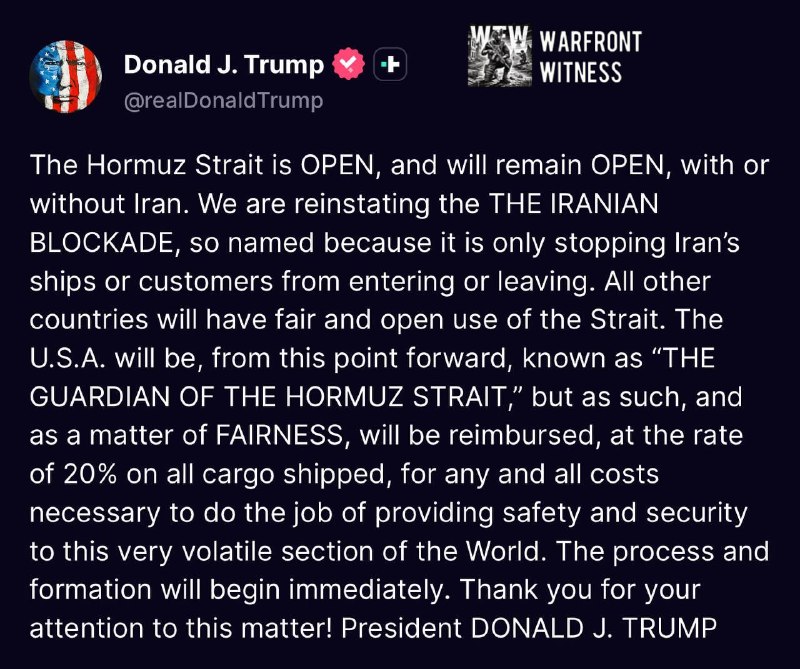 ️🇺🇸🇮🇷 נשיא ארה"ב טראמפ הודיע באמצעות TruthSocial כי מיצר הורמוז יישאר פתוח ואמר כי ארה"ב מחזירה את מה ש…