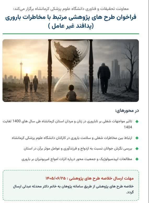کرمانشاه مفدا: 💠 #اخبار_پژوهشی l فراخوان طرح های پژوهشی مرتبط با مخاطرات باروری 🔽 به همت معاونت تحقیقات و فناوری دانشگاه علوم پزشکی کرم