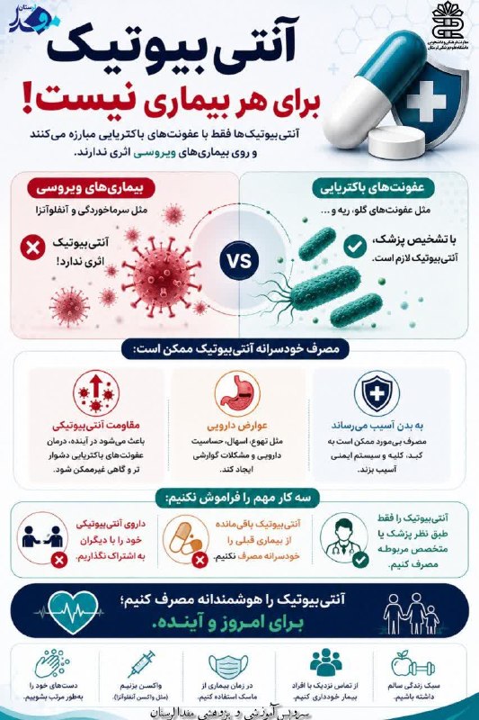 مفدا علوم پزشکی لرستان | Lorestan.Mefda ️: 🔍شنبه‌های آموزشی | 💊 هر عفونتی، آنتی‌بیوتیک نمی‌خواهد!آگاهانه مصرف کنیم؛ مقاومت آنتی‌بیوتیکی را جدی بگیریم.📝راحله کریمی‌
