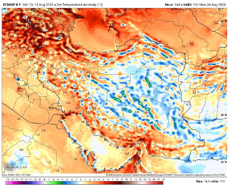 لَکستان - خِزل: 🗓 1405/5/28🔥 تقویت موج گرمای هفته جدید!🌡️ در بروزرسانی جدید پیشبینی مدل اروپا ، موج گرمای شدید و ناهنجار از روز جمعه در