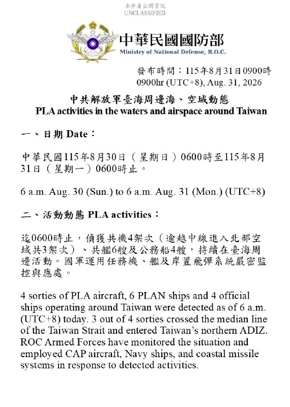 במהלך הלילה, 3 מתוך 4 גיחות של מטוסי PLA, 6 ספינות PLAN ו-4 ספינות רשמיות חצו את הקו החציוני ונכנסו לאדיז ה…