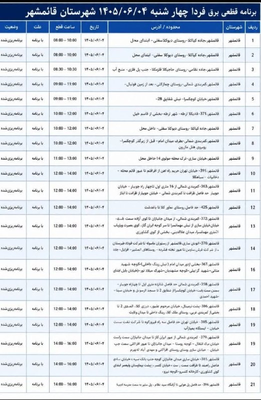 🚩 کانال تلگرام قائمشهر🚩: ❌جدول خاموشی برق چهارشنبه ۴ شهریورماه در قائمشه❌جدول خاموشی برق چهارشنبه ۴ شهریورماه در قائمشه