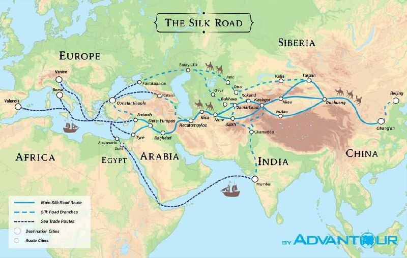 جهان قدیم: تاریخ جاده ابریشم جاده ابریشم (The silk roard) از دو قرن قبل از میلاد تا قرن پانزدهم میلادی، مهم‌ترین عامل اتصال شرق به 