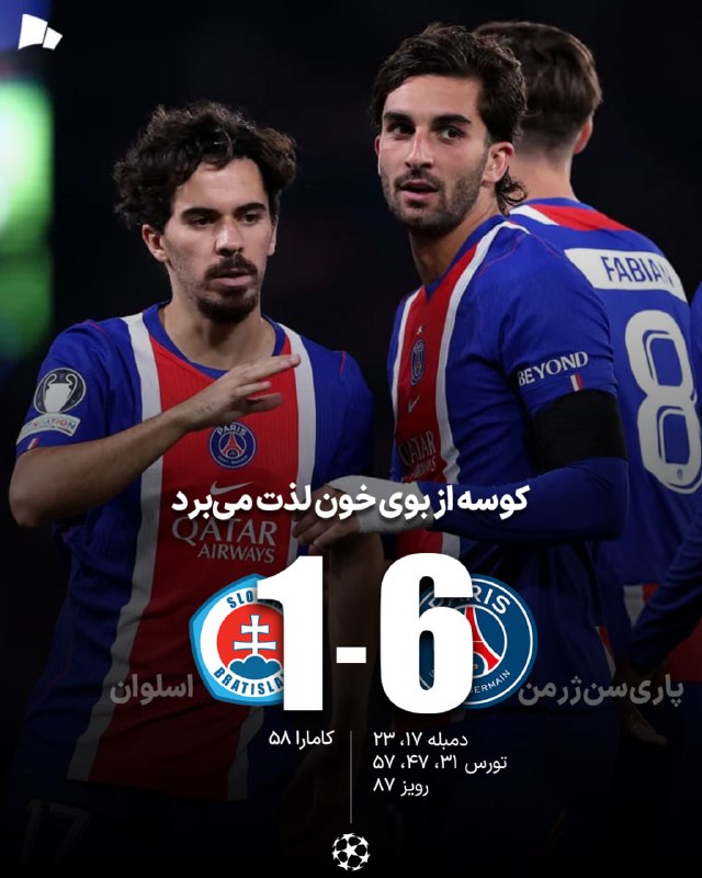 طرفداری: 🏆 #لیگ_قهرمانان_اروپا | پاری‌ سن ژرمن 6_1 اسلوان / دومین برد فصل پاریسی‌ها هم در اروپا رقم خورد@Tarafdari