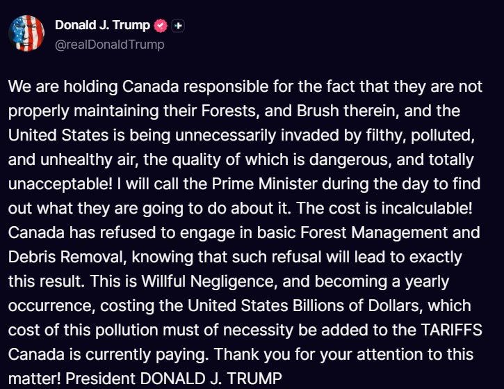 ️🇺🇸🇨🇦 נשיא ארה"ב דונלד טראמפ על השריפות בקנדה: