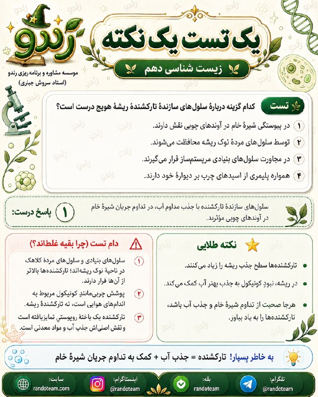 مشاوره کنکور رندو | سروش جباری: ✅ یک تست یک نکته از زیست دهم🔺#تست_نکته_زیست_رندو📱 @Randoteam