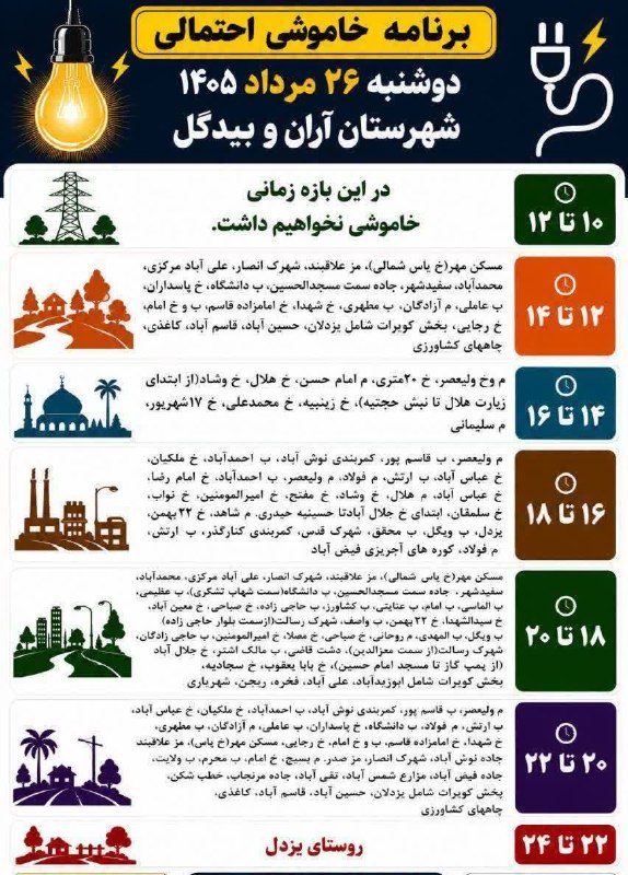 نوش‌ آبادی‌ ها: ▫️برنامه خاموشی دوشنبه ۲۶ مرداد ۱۴۰۵ شهرستان آران و بیدگل@nooshabadiha