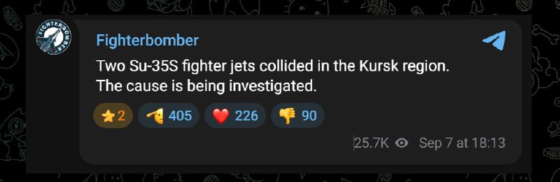 💬🇷🇺 ערוץ טלגרם "מפציץ סילון קרב", הקשור קשר הדוק לחיל האוויר והחלל הרוסי, מדווח כי שני מטוסי קרב מסוג סו…