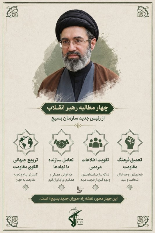 متنا سیستان و بلوچستان: #پوستر | چهار مطالبه رهبر انقلاب از رئیس جدید سازمان بسیج#دوران_جدید_بسیج 🌐 متنا شهرستان زاهدان سازمان فضای مجازی بسیج ا