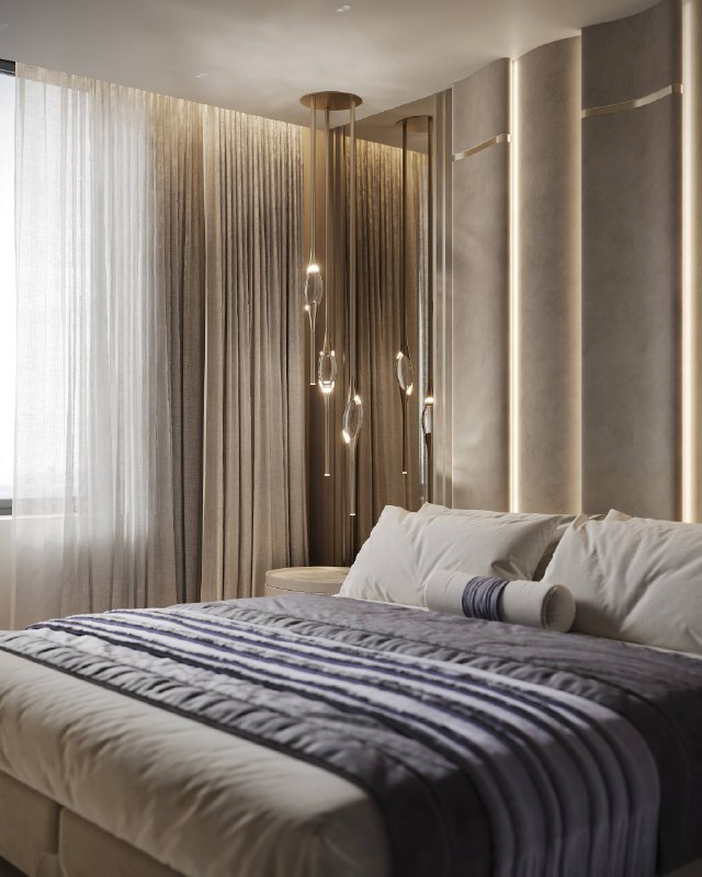 5 трендовых интерьерных решений в спальне нашего проекта в ЖК Событие 3 1. Мягкое изголовье с подсветкой Изголовье выполнено в форме мягких волн ре... - изображение 3 - решений, спальне, изголовье