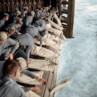 A sea burial aboard the Intrepid in 1944—the crew says goodbye to those who died after a kamikaze attack.Time Machine | Historical Photo
