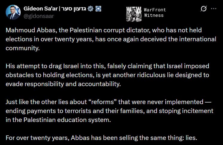 ️🇮🇱🇵🇸 Israeli Foreign Minister Gideon Sa'ar criticized Palestinian Authority President Abu Mazen for his decision to postpone the Palestinian elections, accusing him of defrauding the international community.