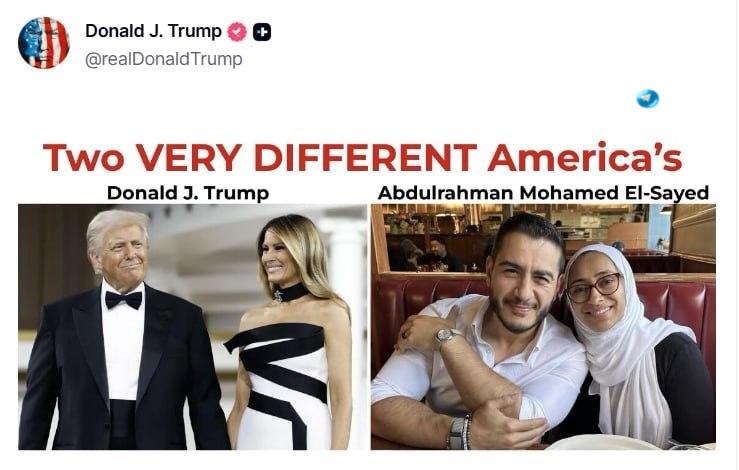 🇮🇱 דונלד טראמפ פרסם תמונה עם הכיתוב "שתי אמריקות שונות מאוד". בצד אחד מופיעים טראמפ ומלניה טראמפ, ובצד הש…