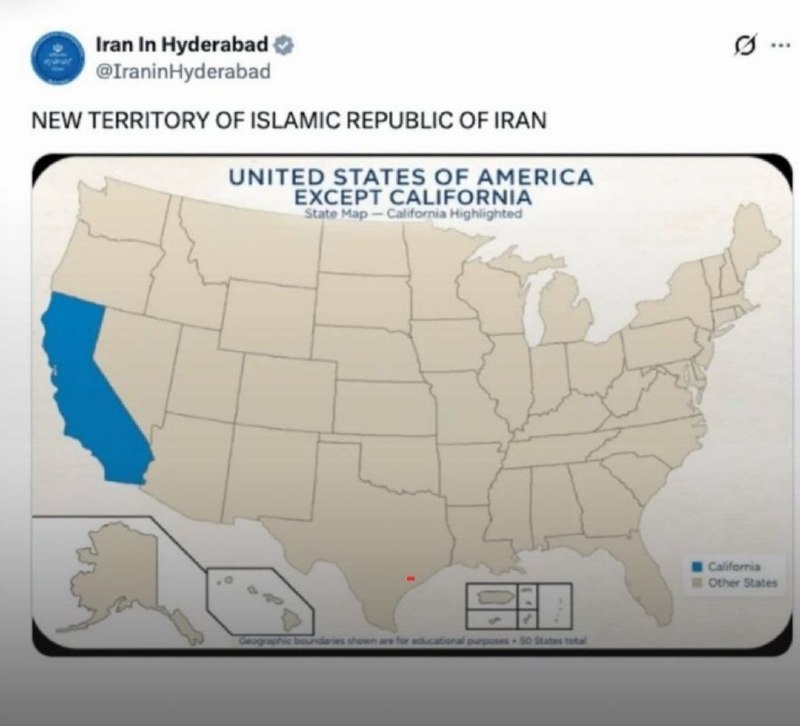 روزنامه دنیای اقتصاد: 📷 کالیفرنیا، قلمرو جدید ایران🔹حساب کاربری کنسولگری ایران در حیدرآباد هند در واکنش به توییت ترامپ درباره مالکیت تنگه هرمز