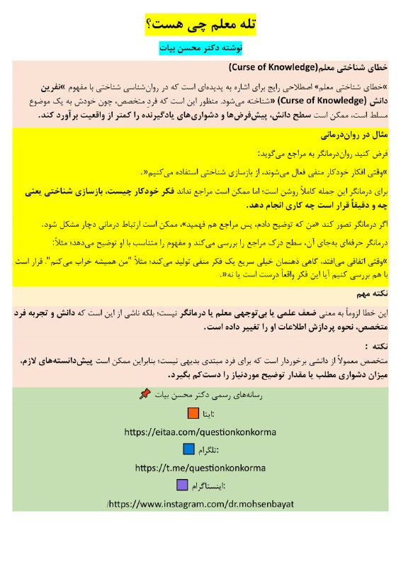 مقاله، پایان نامه، رساله، کتاب، استخدامی.مشاوره کنکوری: خطای شناختی معلم چیست؟تله معلمی؟📌 رسانههای رسمی دکتر محسن بیات🟧 ایتا:https://eitaa.com/questionkonkorma🟦 تلگرام:https:/