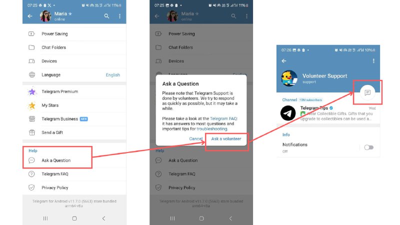 How to contact Telegram support? 📱In case you run into any issues, here’s a handy list of Telegram support bots, emails and other contact details:General Support:— support@telegram.org — FAQ Telegram— Telegram support pageTelegram Volunteer Support:— Go to Settings > Ask a Question > Chat (as shown in the picture).— +42400Account issues: — Check Account Ban Status: @spambot — Login Issues: sms@telegram.org — Account Recovery (for restoring your account): recover@telegram.org — Security Questions (issues with account security): security@telegram.orgSupport for Mini App and Bot Developers:— @BotSupportWallet Support Team (support for the @wallet): — @wallet_supportbotContent issues:— Report Scammers: @notoscam— Content Violations (report illegal or inappropriate content): abuse@telegram.org— Child Abuse Reports: stopCA@telegram.org— Copyright Issues (if you're the copyright holder): dmca@telegram.org, @DmcaTelegramDespite having many contacts, as I mentioned before, the chances of getting a response are quite low. However, if you have a serious problem, you can try reaching out to multiple contacts. In some cases, people also ask their friends to write on their behalf, which can be effective when many people reach out.Save it in case of issues🌟