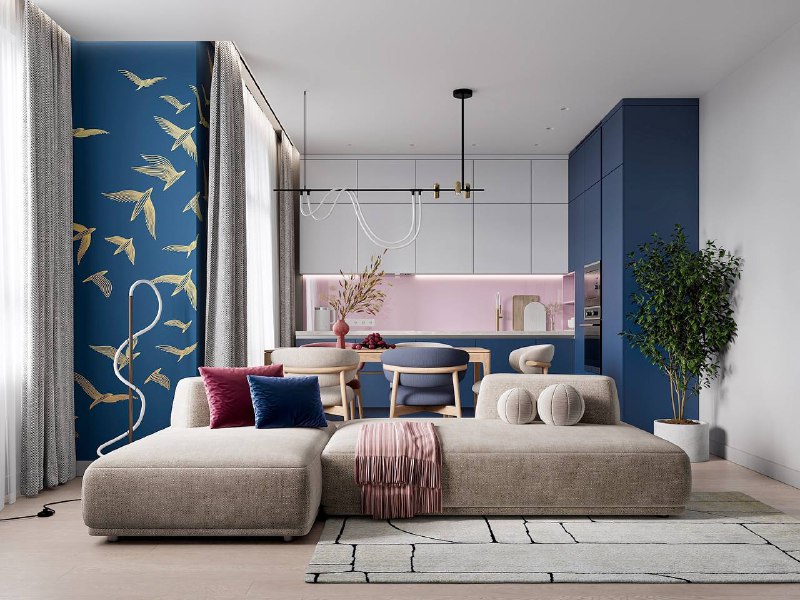 Какая кухня-гостиная из проекта студии ДД вам нравится больше? С бежевым диваном и акцентной стеной с золотыми птицами. С мягким белым диваном, роз... - изображение 1 - диваном, стеной, какая