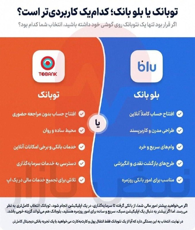 پایگاه خبری بانک مردم: 💥 توبانک یا بلوبانک؛ کدام بیشتر به دردتان می‌خورد؟🟠 توبانک و بلوبانک هر دو تلاش کرده‌اند تجربه بانکداری را از شعبه به تل