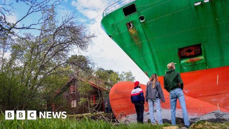 Man in Norway wakes to find huge container ship in garden
