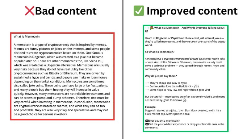 🔺 Bad Content = Dead Channel ☠Look at the post in the picture on the left❌. Here’s what made this post a content disaster:➡ No hook or context. The post starts like you walked in halfway through a boring conversation.➡ No visual formatting. No bold. No bullets. No emojis. No paragraphs. No structure. Just one giant chunk.➡ Zero personality. No voice. No story. No opinion. ➡ Emotionless. Reads like a Wikipedia entry. ➡ No CTA. Doesn’t ask a question. Doesn’t invite engagement.If you’re serious about growing a Telegram channel, your content needs to:➡ Grab attention immediately 🔥➡ Be easy to read (formatting = engagement)➡ Show your voice and expertise➡ End with a call-to-action (recommended)The post on the right is just one example of how to do it better✅.More advice and answers to your questions inside the Telegram Marketing Course.