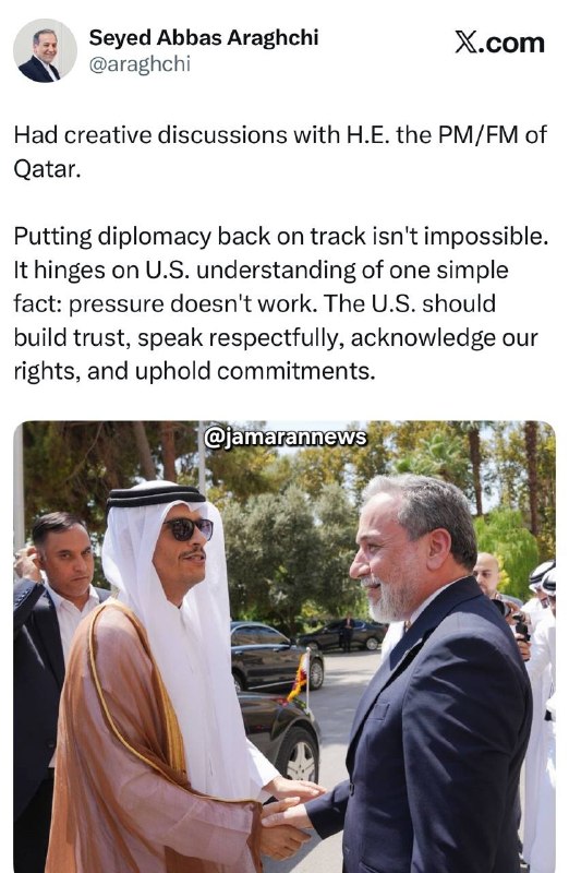 جماران: ✅ عراقچی: بازگرداندن دیپلماسی به مسیر خود ناممکن نیست/ آمریکا باید یک واقعیت ساده را درک کند: فشار نتیجه نمی دهد✍ وزیر ا