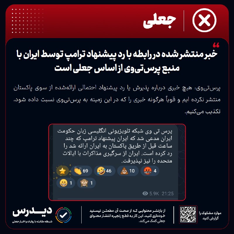 خبر۲۴: 🔻 خبر منتشر شده در رابطه با رد پیشنهاد ترامپ توسط ایران با منبع پرستیوی از اساس جعلی است🔹 پرستیوی: هیچ خبری درباره پ
