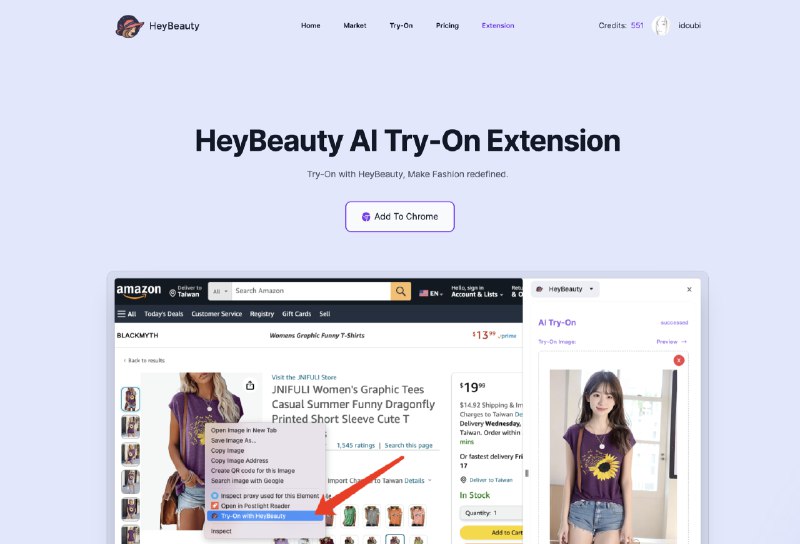 HeyBeauty 浏览器试衣插件发布了🎉你可以在购物网站右键点击任意衣服图片，在浏览器侧边栏快速试衣