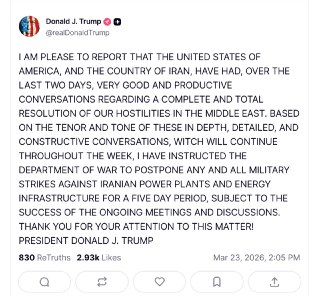 США отложат удары по иранской энергетике на пять дней.«С удовольствием сообщаю, что США и Иран в течение последних двух дней провели очень хорошие и продуктивные переговоры относительно полного и всестороннего урегулирования наших военных действий на Ближн