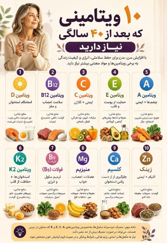 پل ارتباطی💕💗: ۱۰ ویتامینی که بعد از ۴۰ سالگی نیاز دارید:🍃❤🍃❤🍃
