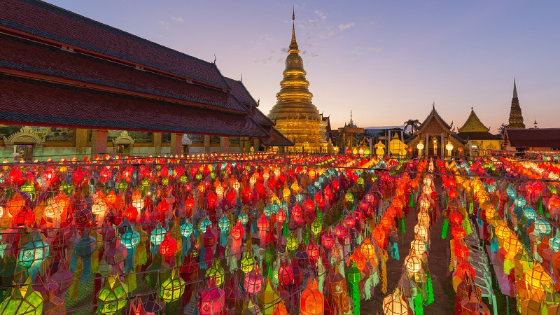 Sky full of wishesColorful lanterns at the temple of Wat Phra That Hariphunchai, Lamphun, Thailand (© MR. ANUJAK JAIMOOK/Getty Images)