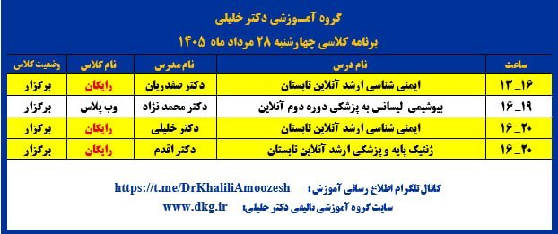 گروه آموزشی تألیفی دکترخلیلی(اصفهان): 🟧لینک ورود به جلسات دوم و رایگان 🟧🟦 📆 چهار شنبه 28 مرداد ماه 1405 🔰لینک کلاس ایمنی شناسی ارشد آنلاین تابستان دکتر صفدریا
