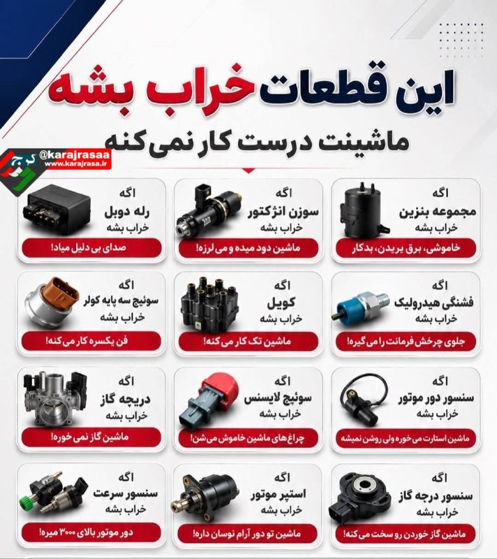 کرج رسا: 💢این قطعات اگر خراب بشن، ماشینت درست کار نمی‌کنه!خیلی از مشکلاتی مثل:🔹 بد روشن شدن خودرو🔹 لرزش موتور🔹 خاموش شدن ناگهانی🔹